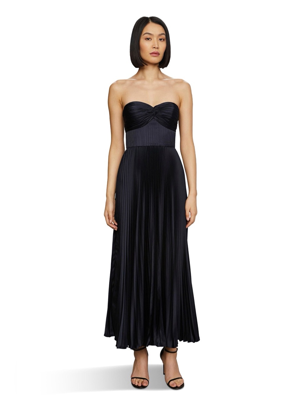 AMUR Navy Strapless Pleated Midi Dress 14